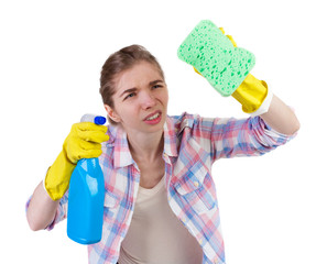 Wall Mural - housewife in gloves with sponge and detergent.