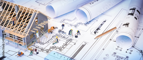 Cuadros en Lienzo house under construction on blueprints - building project