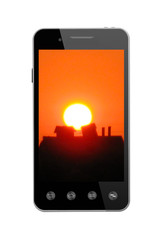 Modern smart-phone with picture of sunset on the white