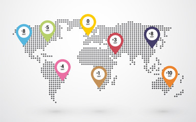Wall Mural - dotted world map with pin marking time zones