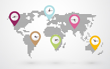 Wall Mural - world map with pin marking time zones