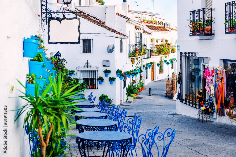 Mijas street. Charming white village in Andalusia - obrazy, fototapety, plakaty 