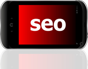 Poster - Web development concept: smartphone with word SEO