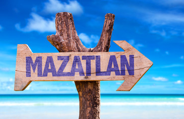 Wall Mural - Mazatlan wooden sign with beach background