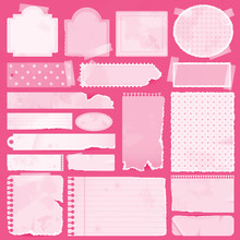 Various Pink Remnant Pieces Of Paper, Scrapbook, And Note Board