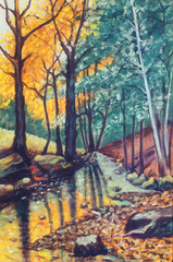 Poster - landscape oil painting with river in autumn forest