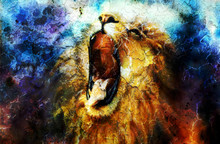 Painting Of A Roaring Lion On A Abstract Desert Pattern, Collage