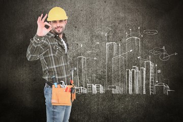 Poster - Composite image of smiling handyman gesturing okay