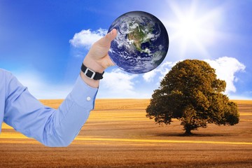 Poster - Composite image of businessman holding hand out in presentation