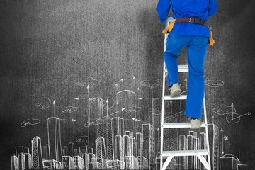 Poster - Composite image of low section of carpenter climbing step ladder