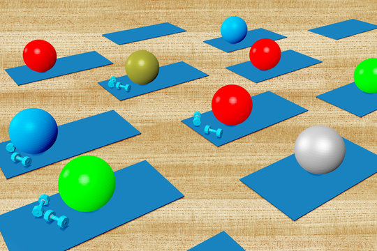 Exercise ball, mat and weights in the studio