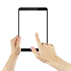 adult man hands using tablet pc with white screen, isolated