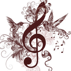 Aufkleber - Music background with treble clef and hummingbirds for design
