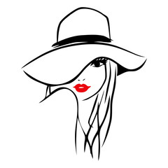 vector ink line art lady wearing floppy hat