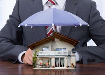 Canvas Print - Businessman With An Umbrella And House Model