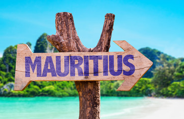 Wall Mural - Mauritius wooden sign with beach background