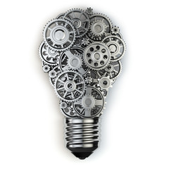 Poster - Light bulb and gears. Perpetuum mobile idea concept.