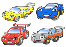 Vector Illustration Of Cute Cartoon Racing Car Characters.