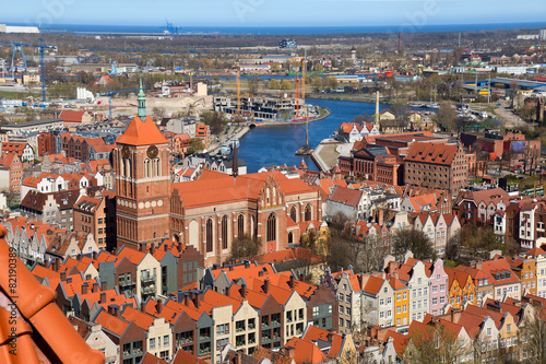 Obraz w ramie Old Town in Gdansk, aerial view from cathedral tower, Poland