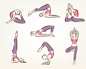 Wall Mural - set of yoga and pilates poses , stylized vector symbols, health