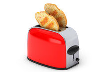 Kitchen Appliance. Toast Popping Out Of Vintage Red Toaster