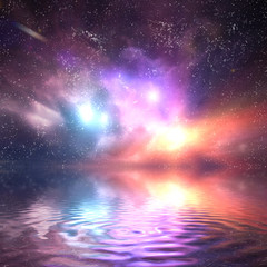 Wall Mural - Ocean under galaxy sky. Stars, fantasy, water reflection