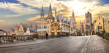 Beutiful Medieval Gent Town Over Sunset. Belgium Travel And Landmarks