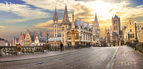 Sticker - beutiful medieval Gent town over sunset. Belgium travel and landmarks