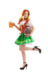 Wall Mural - Happy Woman in Traditional Costume Holding Two Beer Glasses