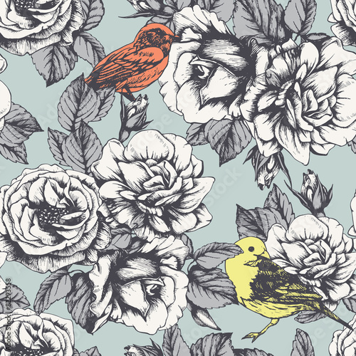 Plakat na zamówienie Seamless floral pattern with hand-drawn roses and birds. Vector