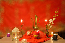 Romantic Home Decorations On Red Background 