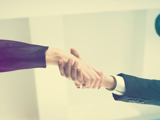 Handshaking in office low angle