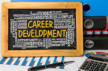Wall Mural - career development with related word cloud hand drawing on black
