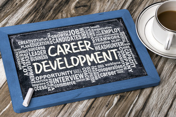 Wall Mural - career development with related word cloud hand drawing on black