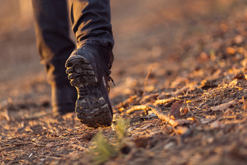 closeup of woman legs hiking in nature at sunset.
