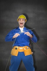 Poster - Composite image of repairman screaming while holding wires