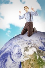 Aufkleber - Composite image of geeky hipster jumping and pointing