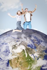 Poster - Composite image of geeky hipsters jumping and smiling