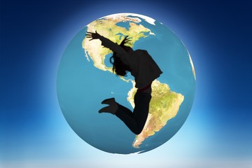 Poster - Composite image of cheerful young woman jumping