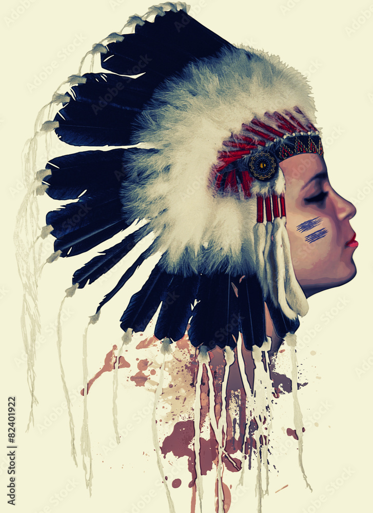 profil-indianina-pioropusz-farba-na-twarzy-malarstwo-akwarela