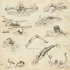 Swimming. Hand drawn collection. Original sketches on old paper.