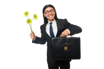 Handsome businessman with flower and brief case isolated on whit