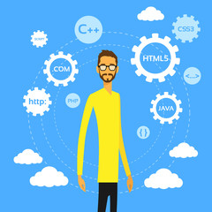 Poster - Programmer Man Computer Geek Coder Flat Vector