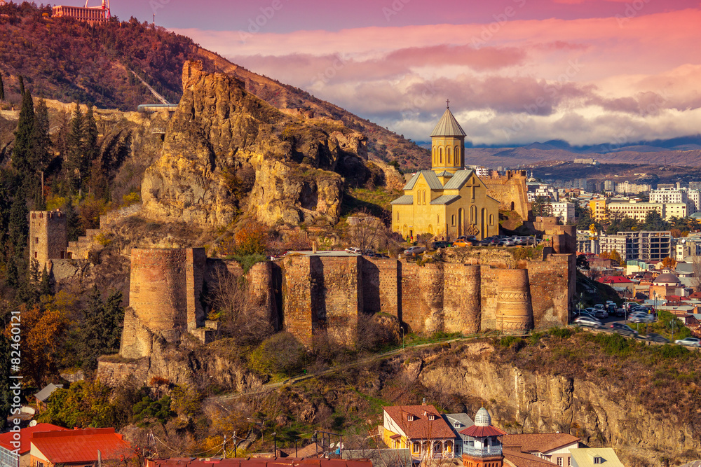 Beautiful panoramic view of Tbilisi at sunset, Georgia country - obrazy, fototapety, plakaty 