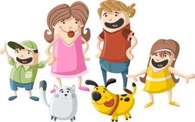 Wall Mural - Colorful cute happy cartoon family with pets