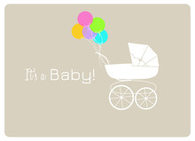 Baby Shower Card, Vintage Baby Carriage And Colorful Balloons