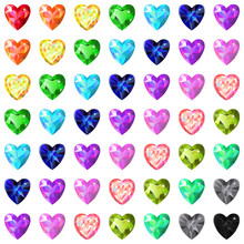 Seamless Texture Of Colored Heart Cut Gems Isolated On White Bac