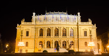 Illuminated Building Of Rudolfinum Concert Hall In Prague.