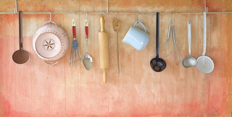 Wall Mural - vintage rustic cooking tools, cooking concept, free copy space