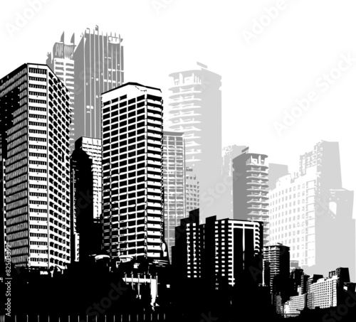 Plakat na zamówienie Black and white panorama cities. Vector art